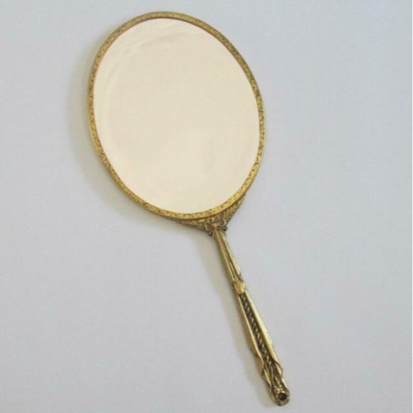 Vintage Goldtone Hand Mirror Hollywood Regency Baroque Handle Two Sided - Picture 1 of 8
